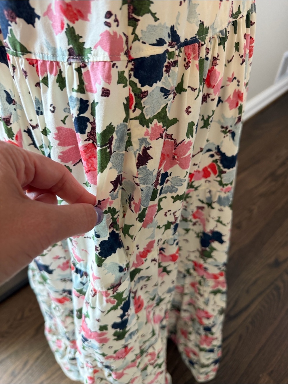 cinq a sept Cream Floral Tiered Midi Skirt with Pink and Navy Accents - Picture 10 of 13